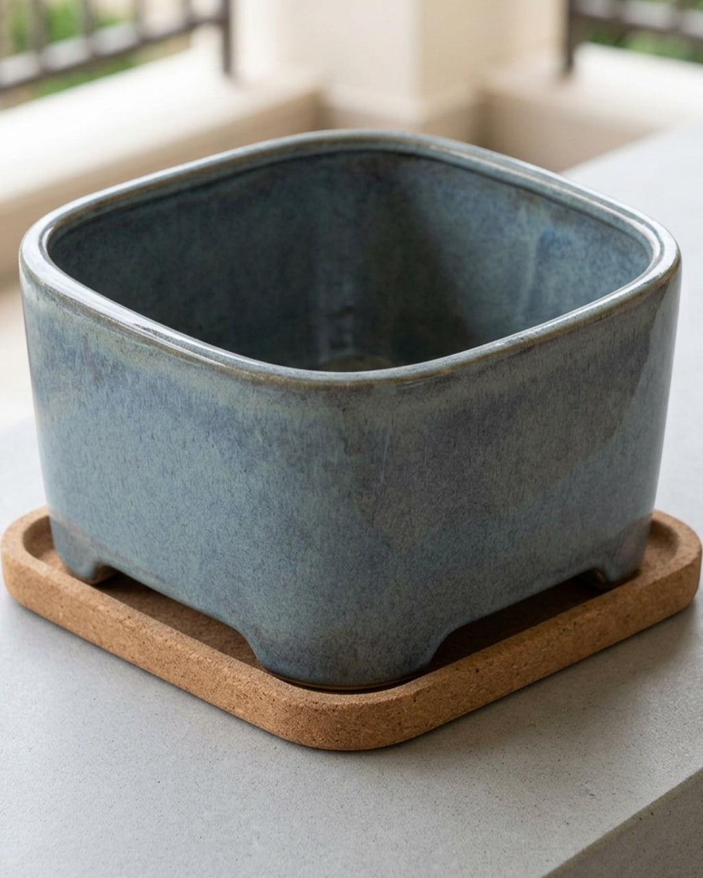 Ymxvd Rounded Square Ceramic Planter Cork Tray Blue Gray - Lifestyle view
