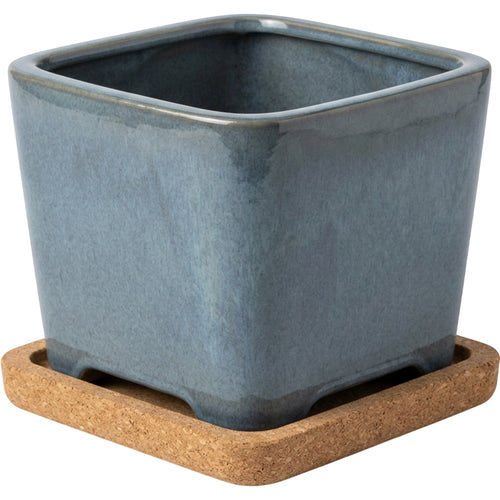 Ymxvd Rounded Square Ceramic Planter Cork Tray Blue Gray - Product view